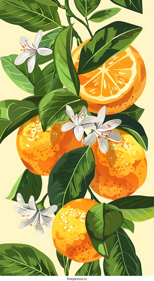 Orange Tree Branch with Flowers and Fruit Illustration