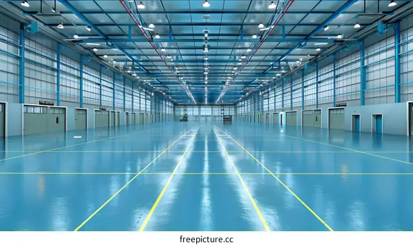 Empty Industrial Warehouse with Blue Floor and Yellow Lines