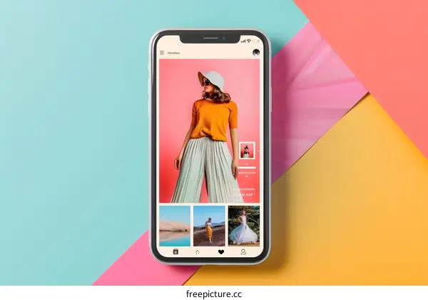 Woman in Stylish Outfit on Phone Screen with Colored Background