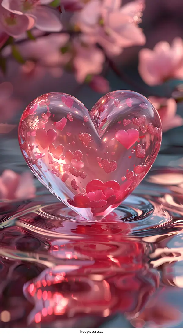 A 3D rendering of a heart-shaped bubble floating on a pink liquid surface.