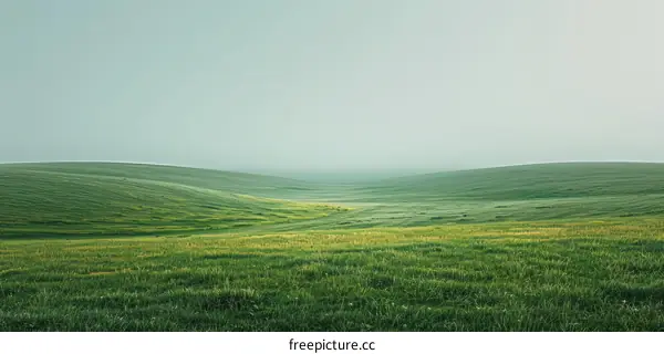 Foggy Green Hills Landscape with Long Shadows