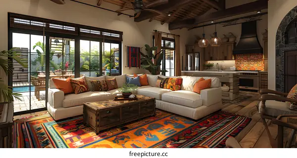 A living room with a colorful rug and a large sofa