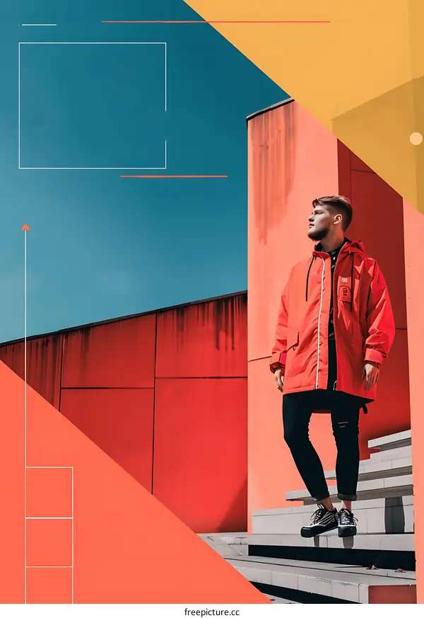 Man in Red Jacket Standing on Stairs with Geometric Background