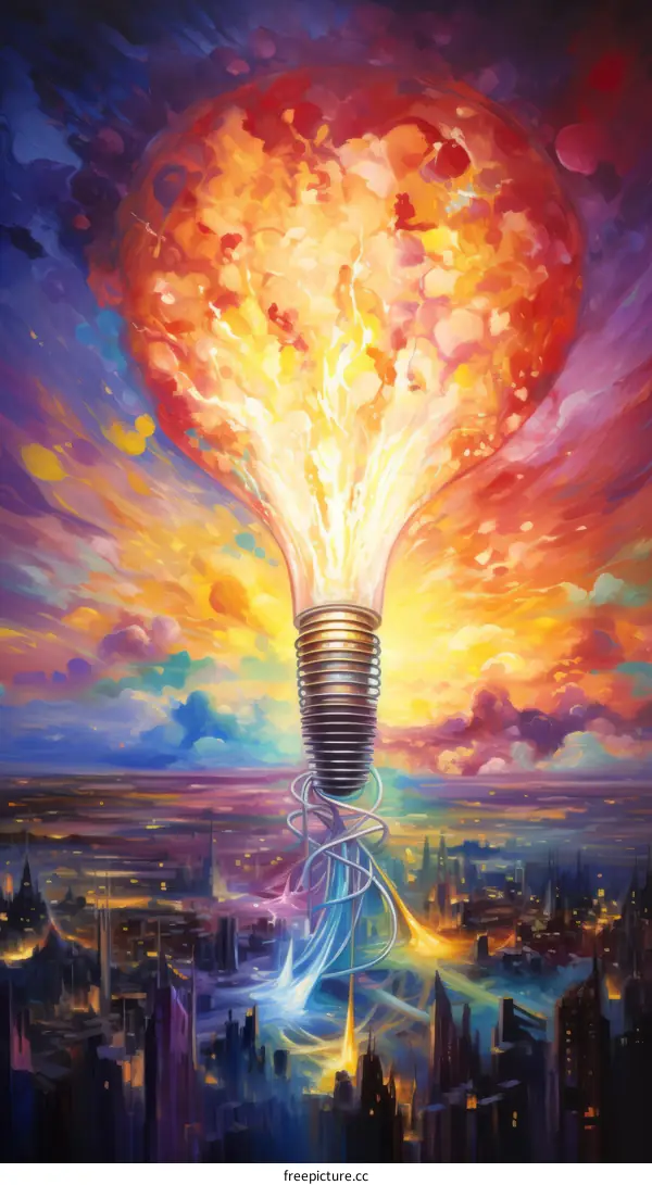 A digital painting of a light bulb exploding over a city.