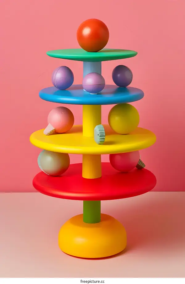 Colorful Stacked Wooden Toy With Balls On Pink Background