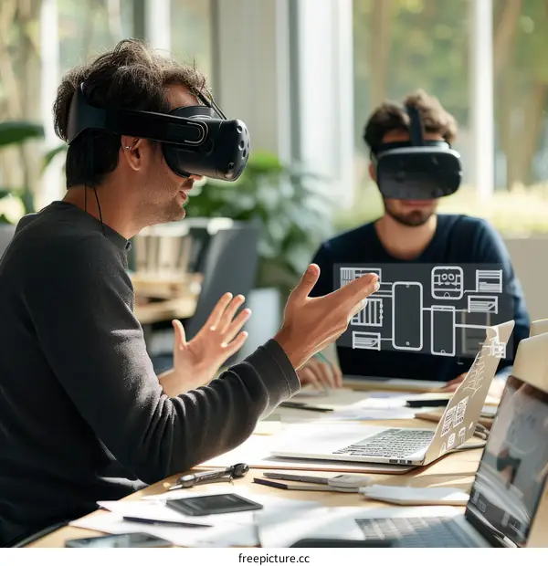 Two engineers wearing virtual reality headsets work together on a project
