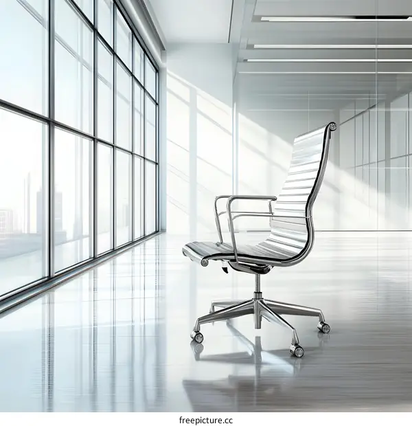 Modern Office Chair In Minimalist Room With Large Windows