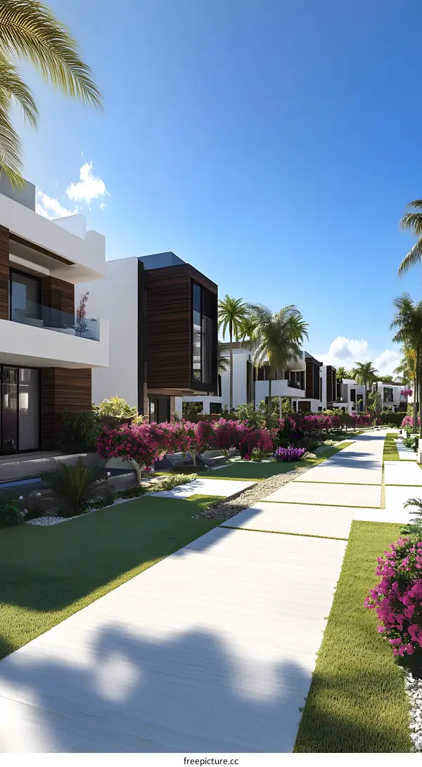 Modern Villa Exterior Design with Green Grass and Palm Trees