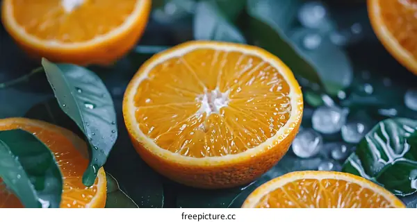 Fresh Orange Slices With Green Leaves