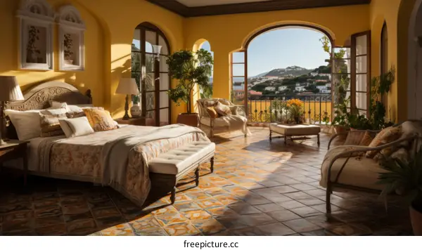 Mediterranean style bedroom with a view of the sea