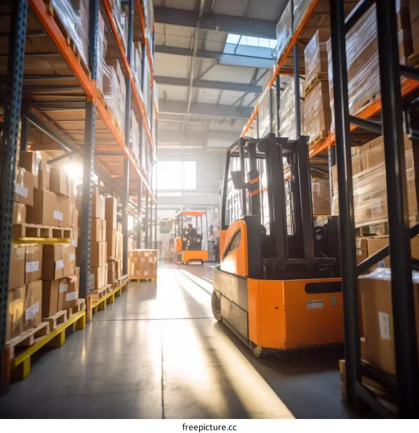 A warehouse with a forklift and a worker