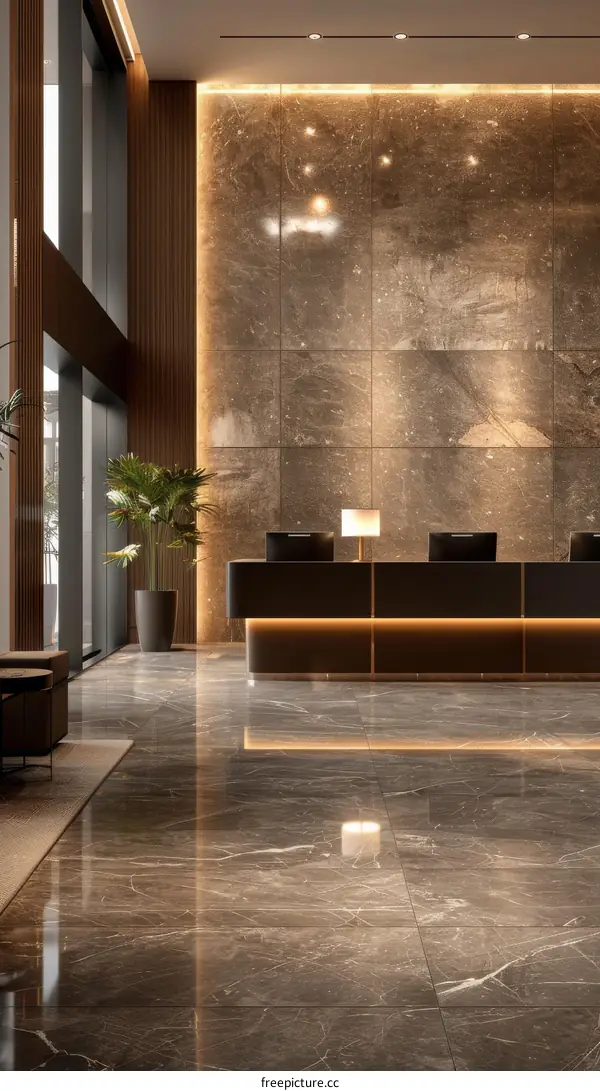Modern hotel lobby interior with marble walls and stone floor