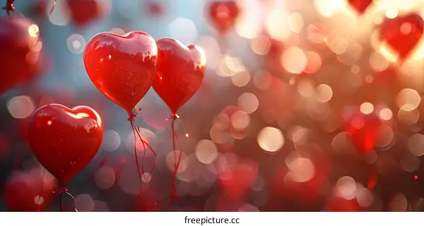 Red heart balloons floating in the air
