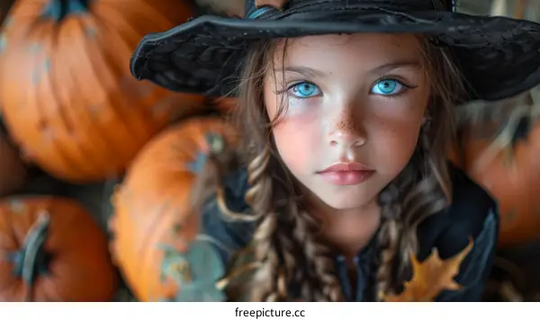 girl with blue eyes and freckles wearing a witch hat surrounded by pumpkins
