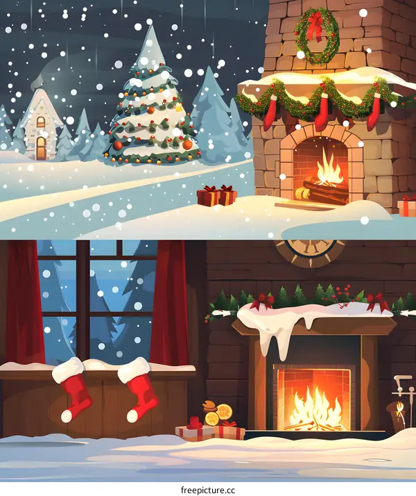 Christmas Festive Cozy Fireplace Decor Illustration