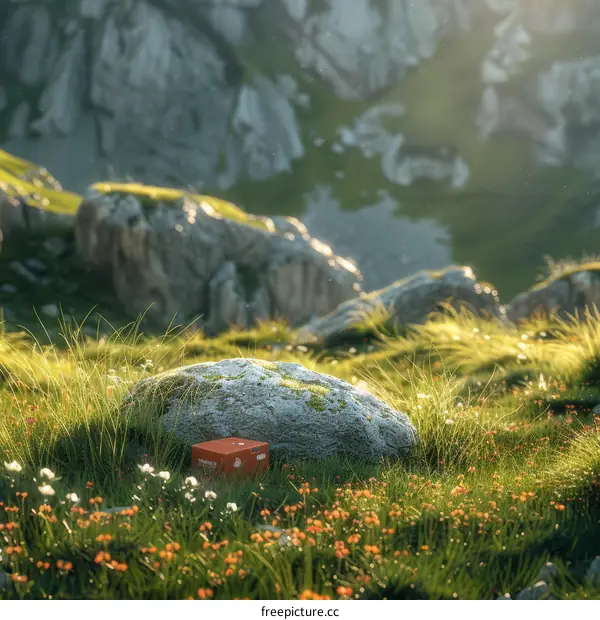 Small orange box sits in a lush green field