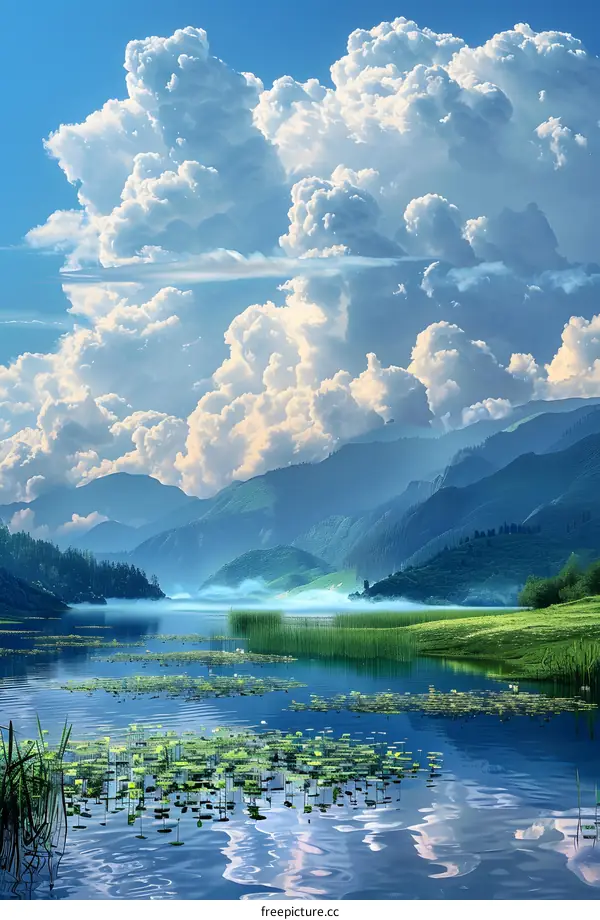 Beautiful mountain lake landscape with green hills and blue sky