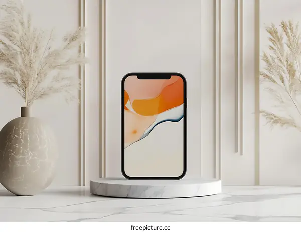 Minimalist Phone Mockup on Marble Platform With Abstract Background