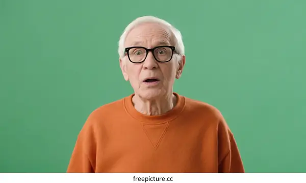 Elderly man with surprised expression wearing orange sweater and glasses