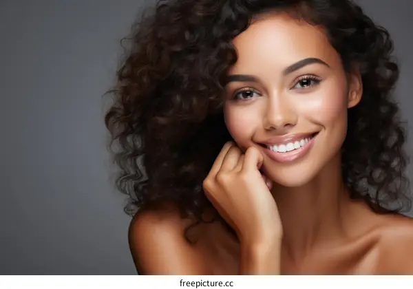 beautiful black woman with curly hair smiling