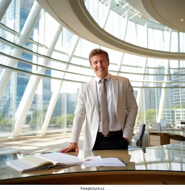 Confident young businessman standing in modern office