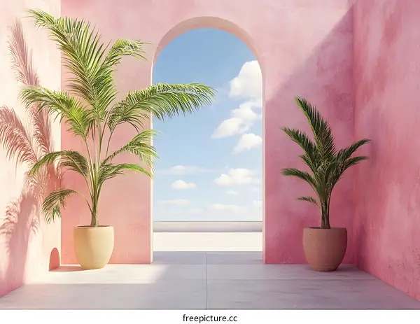 Pink Wall Archway with Palm Trees and Sky View