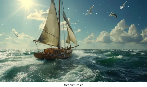 Wooden sailboat in rough sea with seagulls