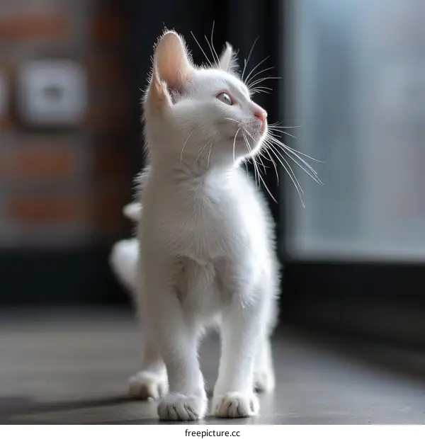 A white kitten is standing on the floor and looking away