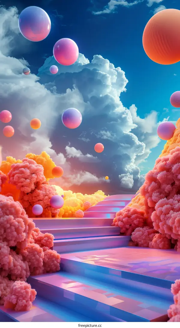 Abstract Dreamy Landscape with Floating Spheres and Stairs