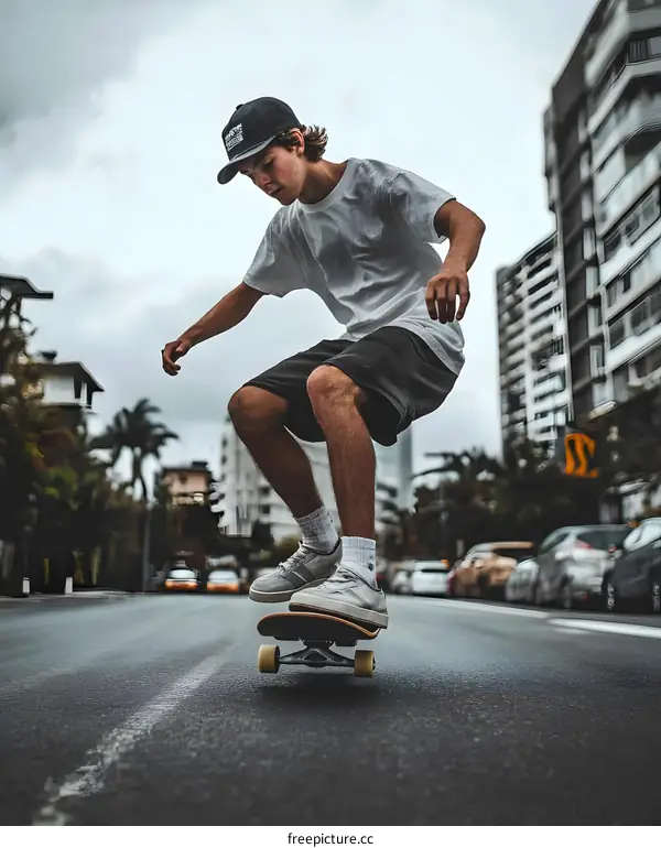 Young Man Skateboarding on City Street