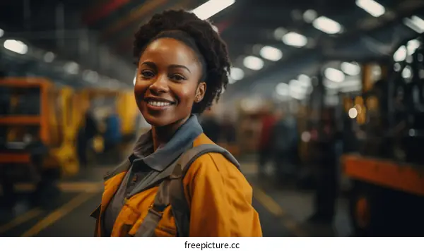 Portrait of a smiling young African American woman in a warehouse