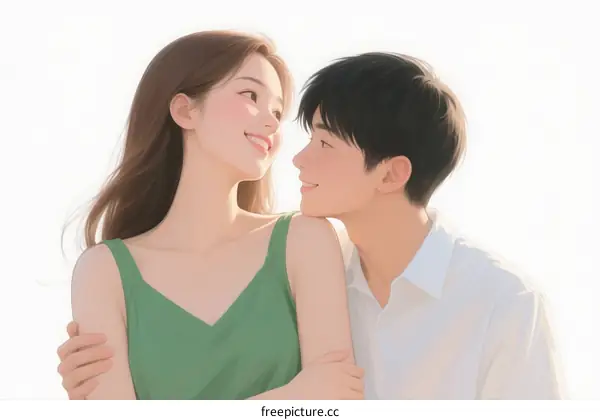 A Young Asian Couple Embracing Under Clear Sky