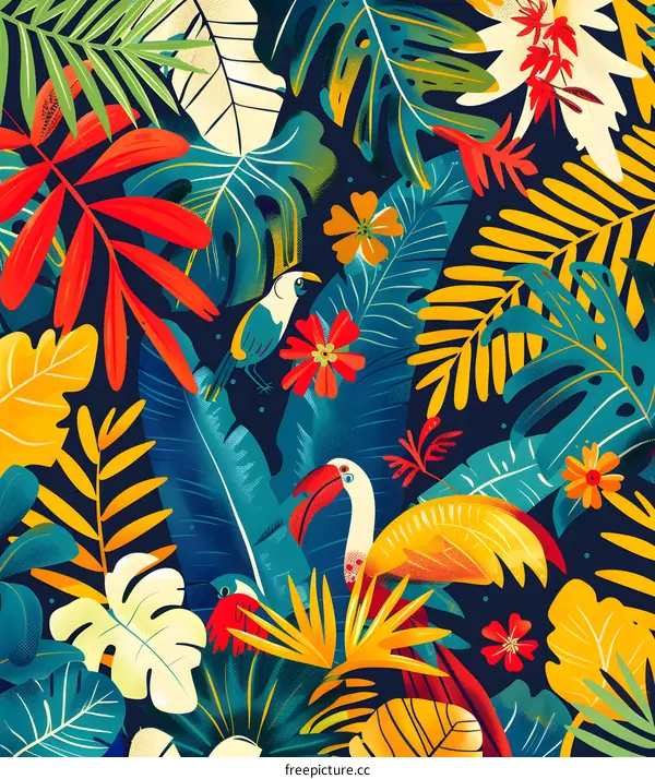Tropical Jungle Illustration With Colorful Birds And Flowers