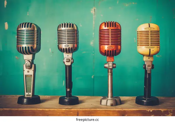 Four vintage microphones on a wooden table