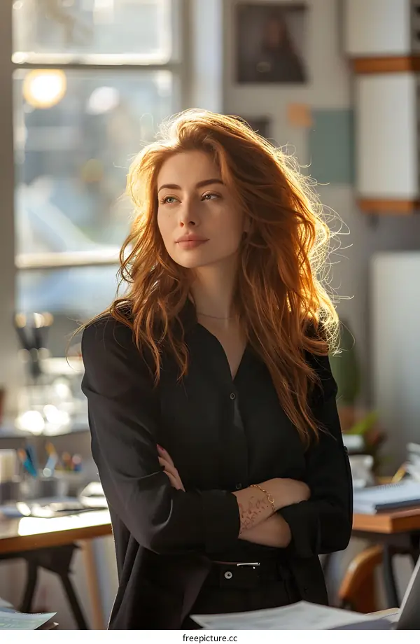 portrait of a young woman with long red hair standing in an office space