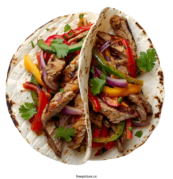 [Transparent Background PNG]Two halves of a tortilla with steak and bell peppers