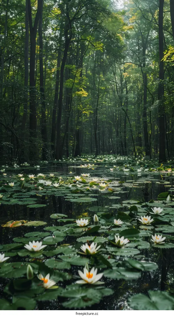 Mystical Forest Lake with Glowing Water Lilies