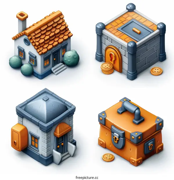 A set of four isometric buildings