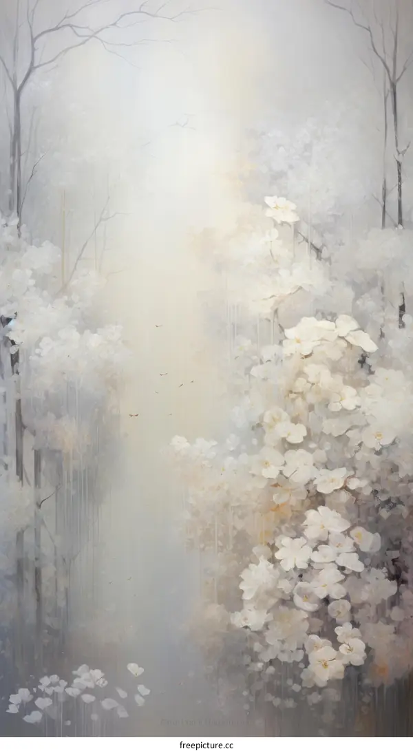 White flowers in a misty forest