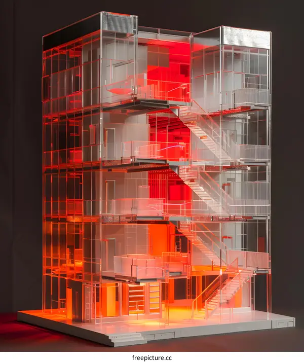 Transparent Building Model with Red Lighting