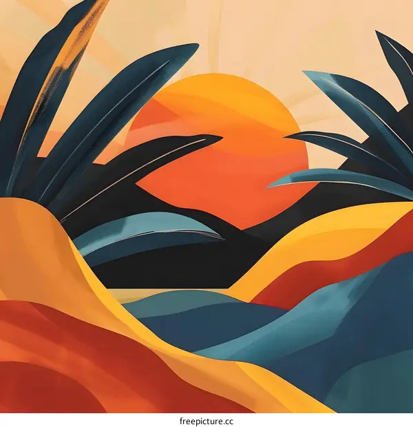 Abstract Sunset Landscape with Palm Trees