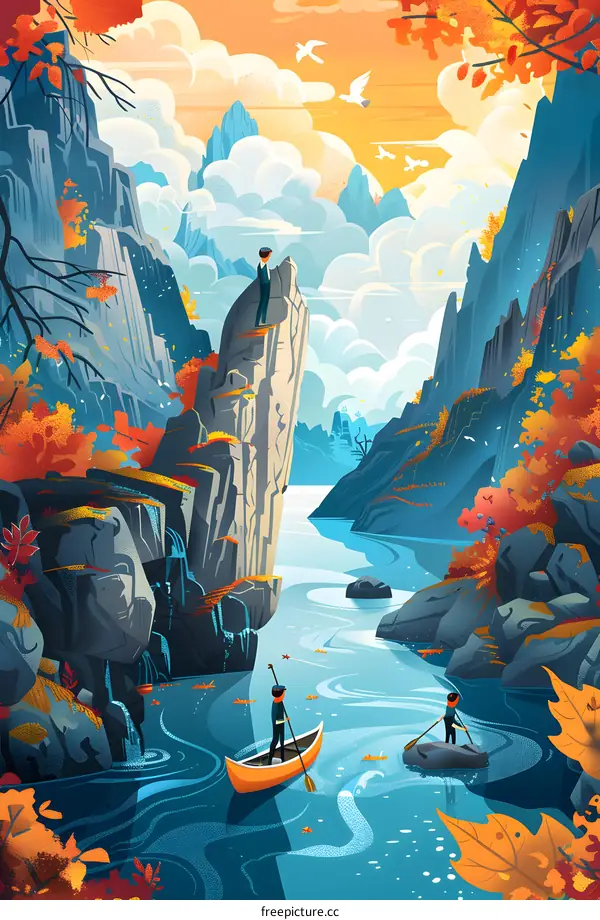 Autumn Landscape With People Rowing In A River