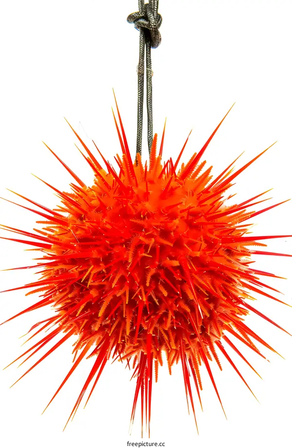 A red spiky ball ornament hangs from a dark cord against a white background.