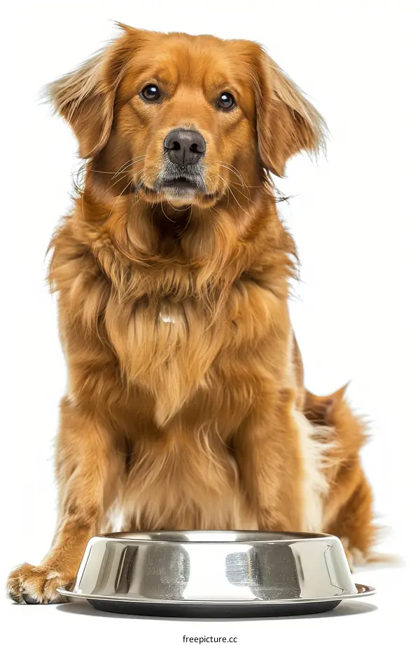 Golden Retriever Dog Waiting Patiently by Empty Bowl
