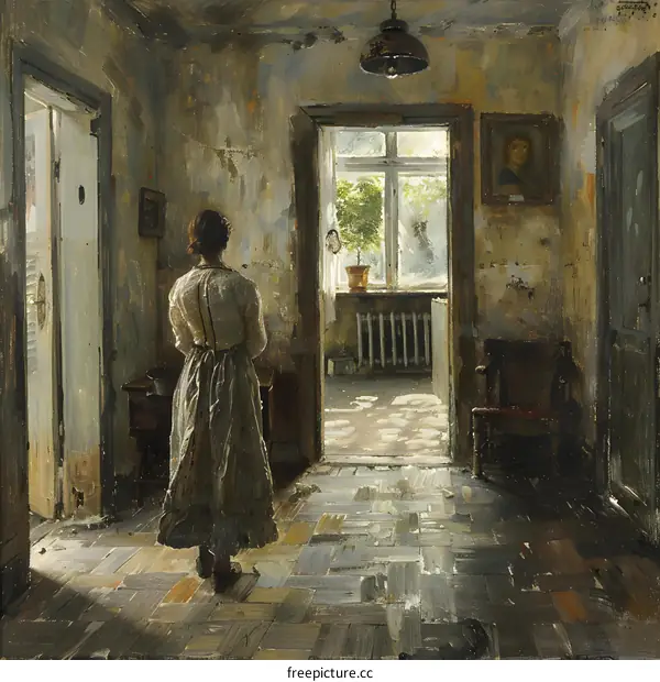 A woman standing in a doorway looking out at a plant in the sunlight