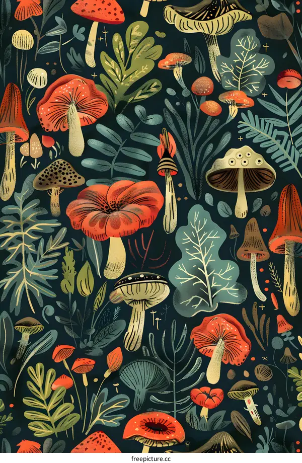 Colorful Mushroom Pattern With Dark Green Foliage