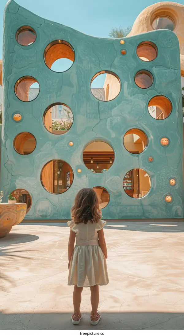Little girl standing in front of a colorful wall