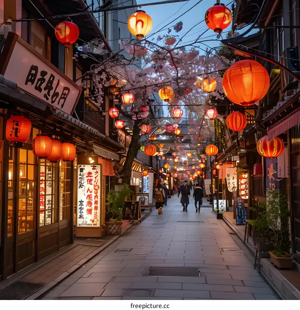 Japanese Street Decorated With Lanterns Under Cherry Blossom Tree At Night