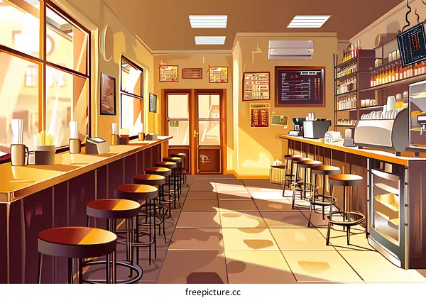 Illustration Of Interior Of A Coffee Shop With Counter And Bar Stools