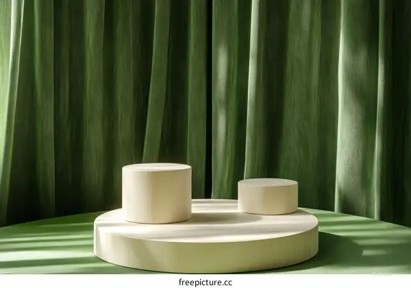 Green Velvet Curtains with Light Beige Display Stand